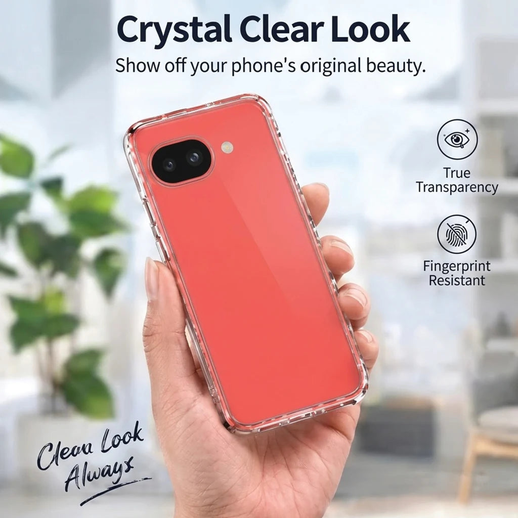 Google Pixel 10A in clear case held in hand – true transparency, fingerprint resistant, no yellowing