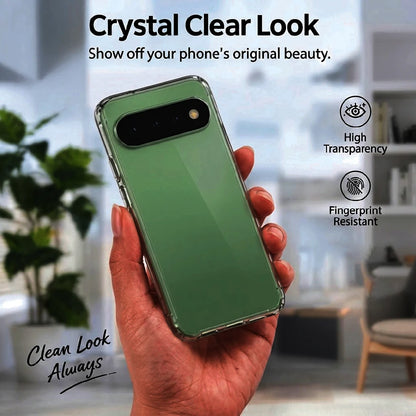Google Pixel 11 Pro in clear case held in hand – true transparency, fingerprint resistant, no yellowing