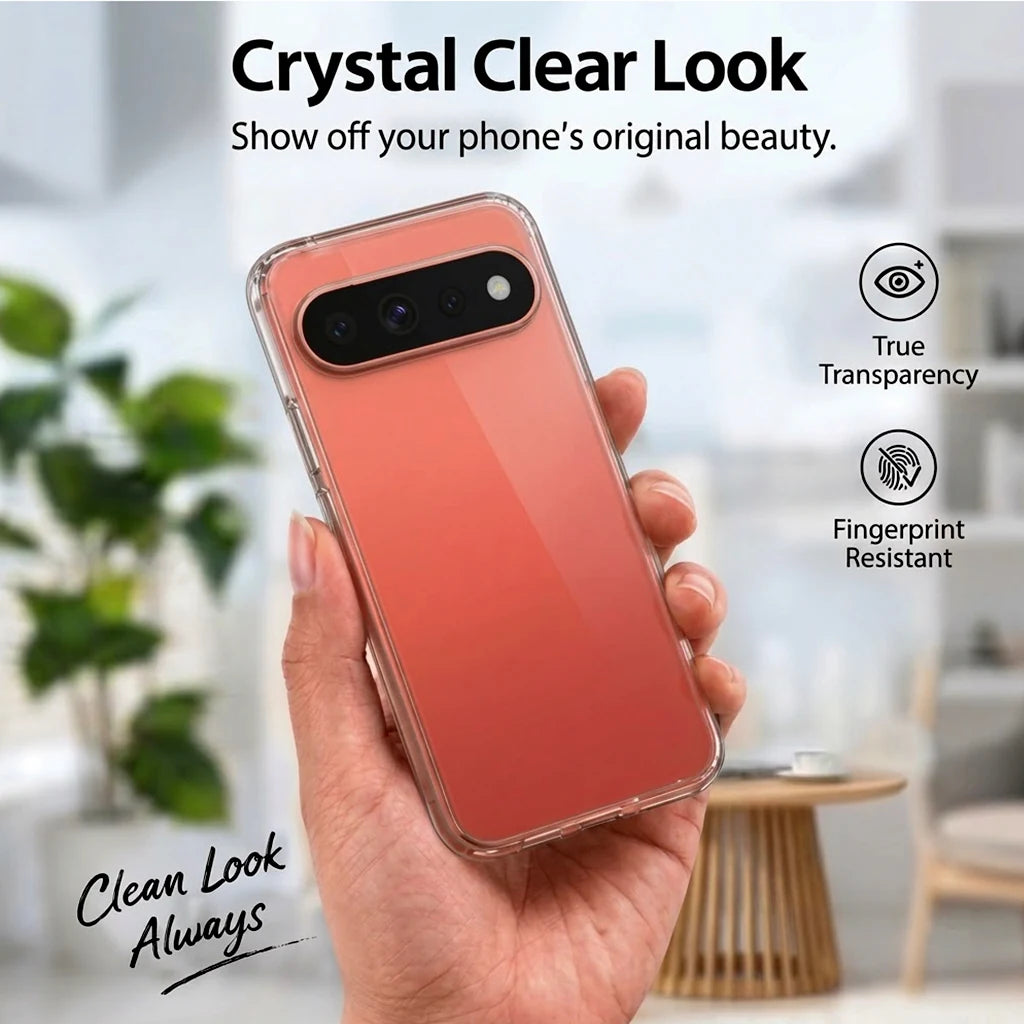 Google Pixel 11 Pro XL in clear case held in hand – true transparency, fingerprint resistant, no yellowing