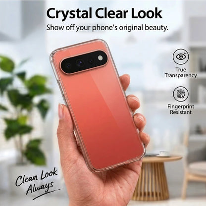Google Pixel 11 Pro XL in clear case held in hand – true transparency, fingerprint resistant, no yellowing