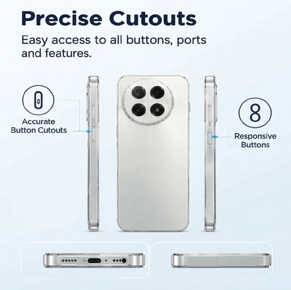 OnePlus 13R clear case side views – accurate button cutouts and perfect port access