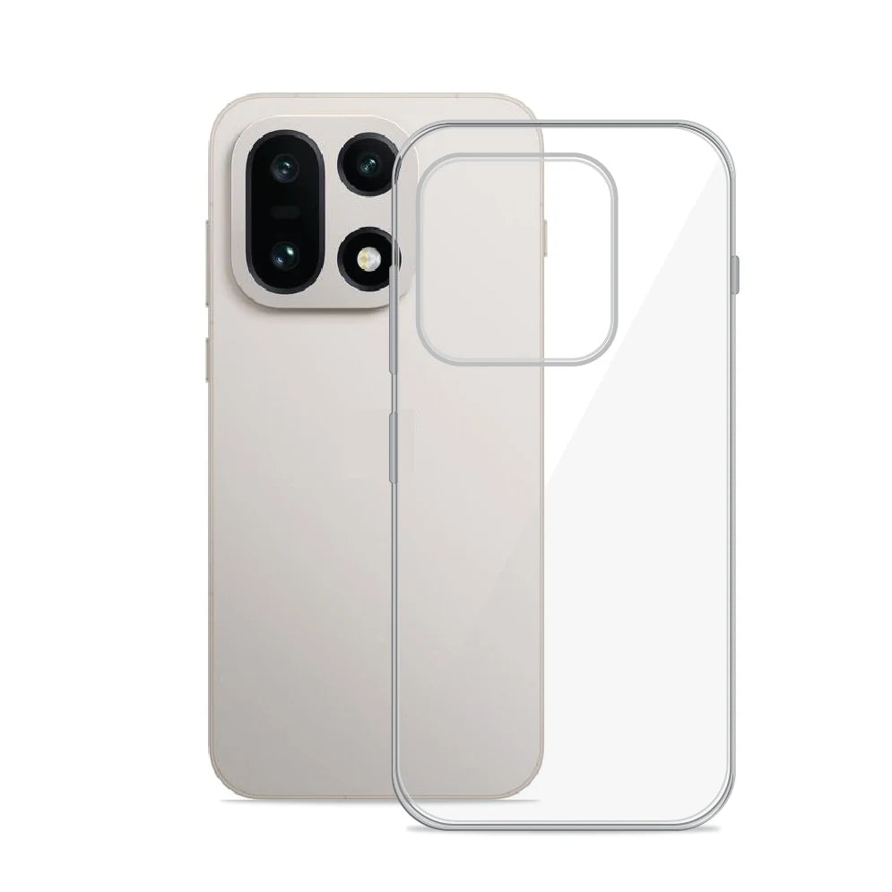 Anti-Yellow Clear Case for OnePlus 15 – transparent TPU back cover shown beside the phone