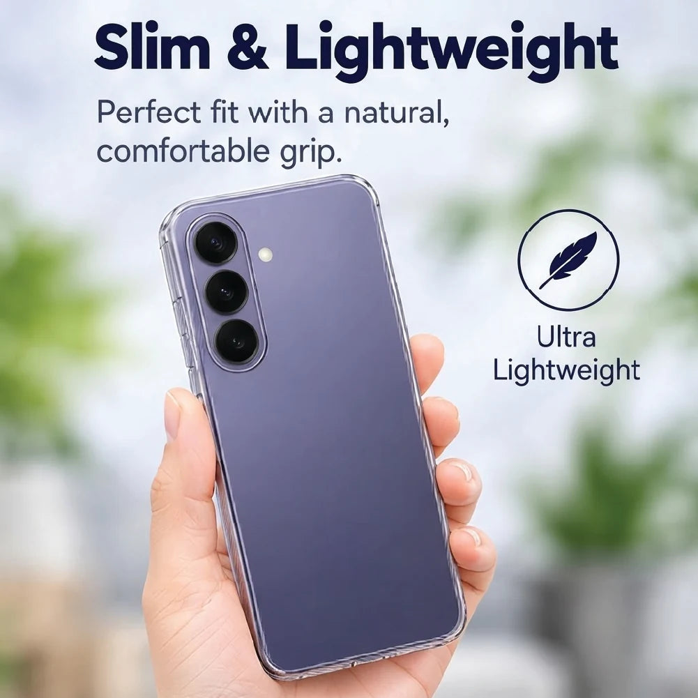 Slim and lightweight Samsung Galaxy S26 clear case held in hand – natural, comfortable grip