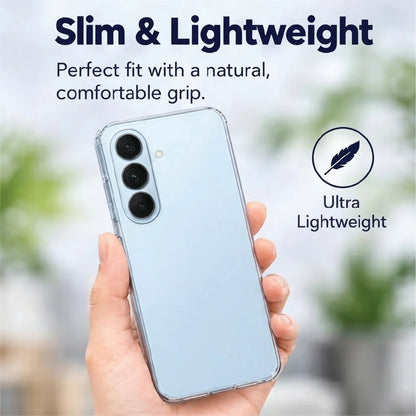 Slim and lightweight Samsung Galaxy S26 Plus clear case held in hand – natural, comfortable grip