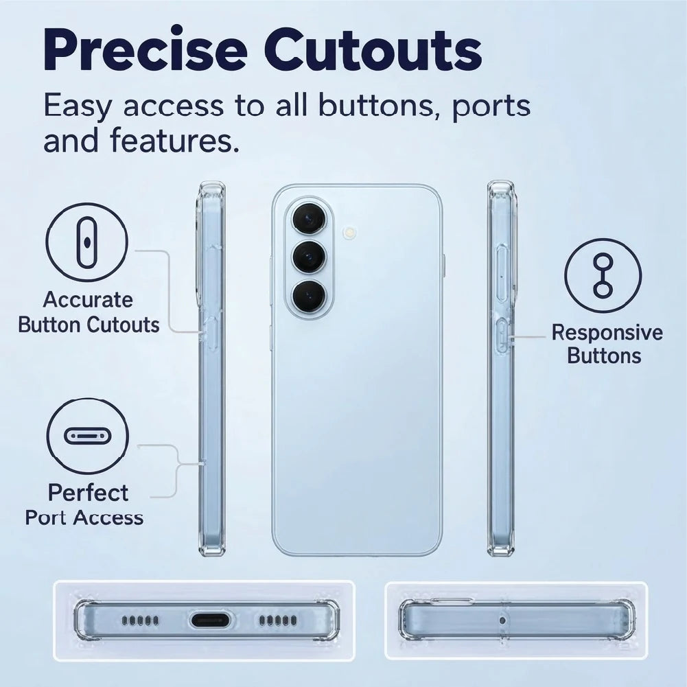 Samsung Galaxy S26 Plus clear case side views – accurate button cutouts and perfect port access