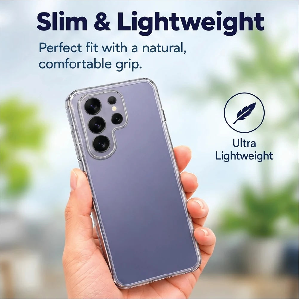 Slim and lightweight Samsung Galaxy S26 Ultra clear case held in hand – natural, comfortable grip