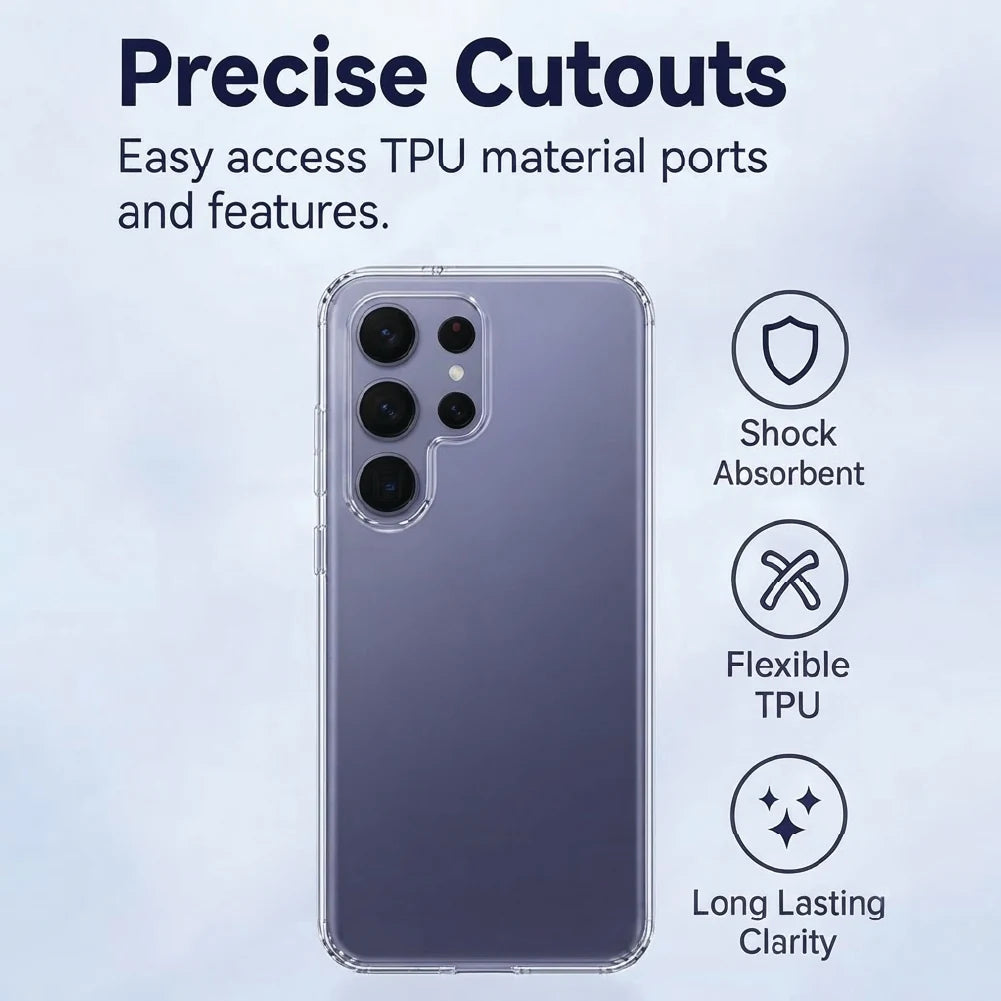 Samsung Galaxy S26 Ultra clear case front view – precise cutouts, shock-absorbent flexible TPU