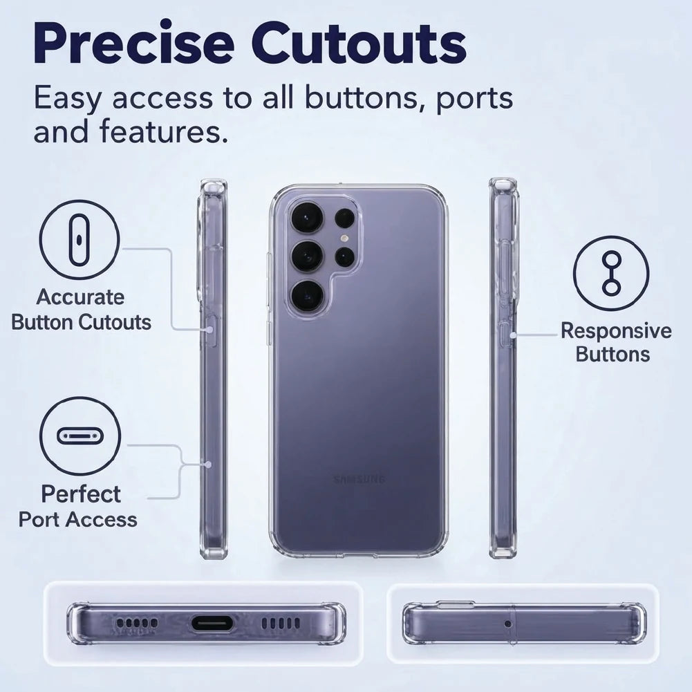 Samsung Galaxy S26 Ultra clear case side views – accurate button cutouts and perfect port access