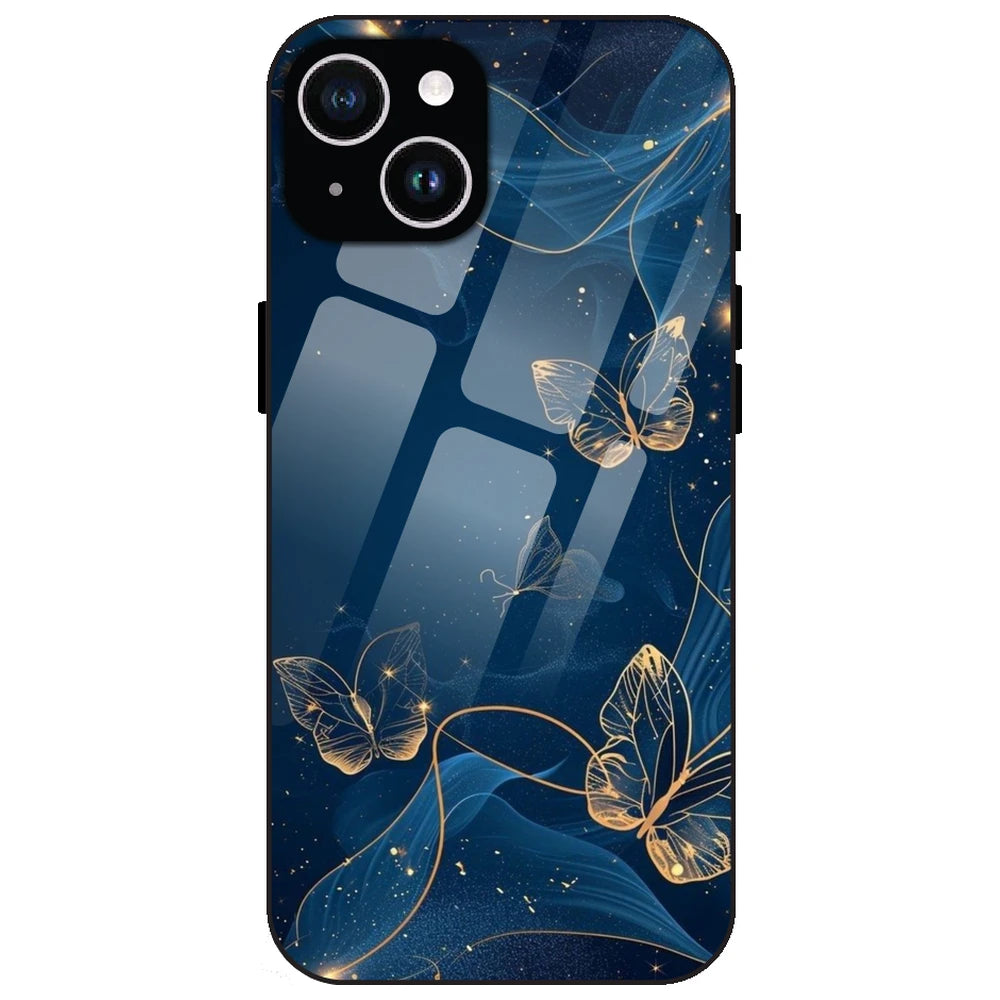 Blue With Gold Butterflies - Glass Case for Apple iPhone 14 Plus