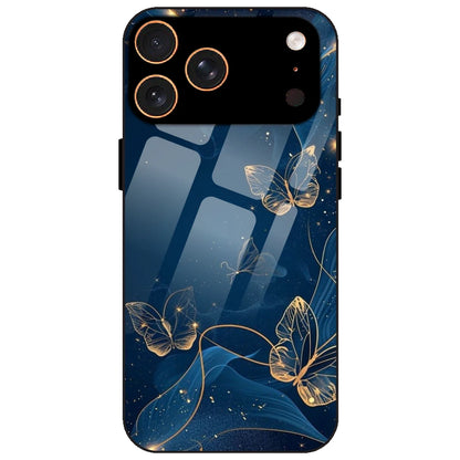 Blue With Gold Butterflies - Glass Case for Apple iPhone 17 Pro