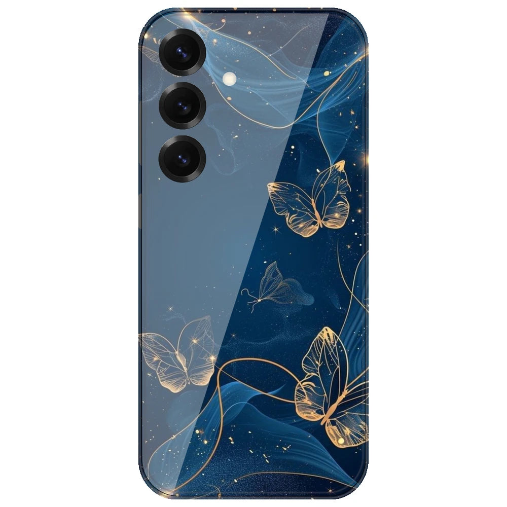 Blue With Gold Butterflies - Printed Silicone Case for Samsung Galaxy S25 FE