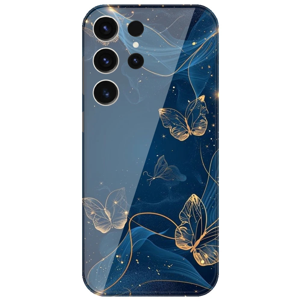 Blue With Gold Butterflies - Printed Silicone Case for Samsung Galaxy S26 Ultra