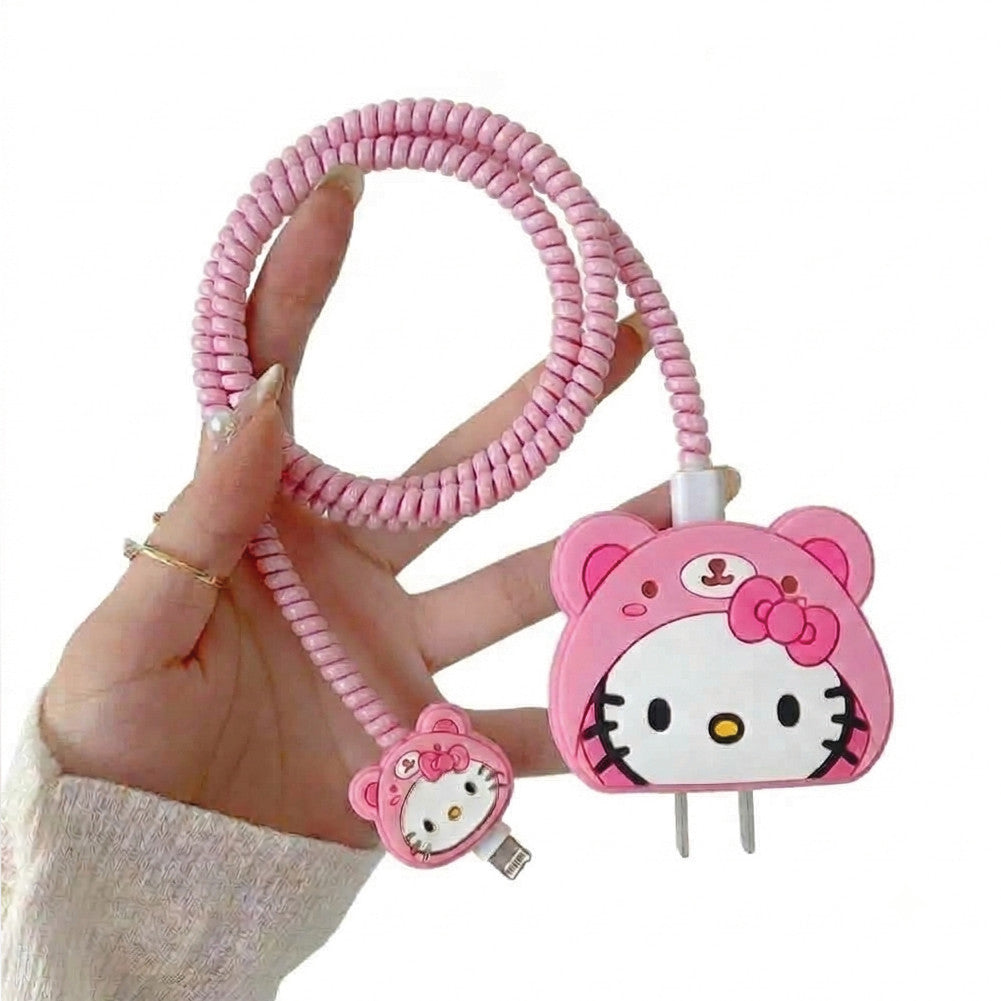 Hello Kitty charger protector set shown with the charging cable and cable tie