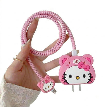 Hello Kitty charger protector set shown with the charging cable and cable tie