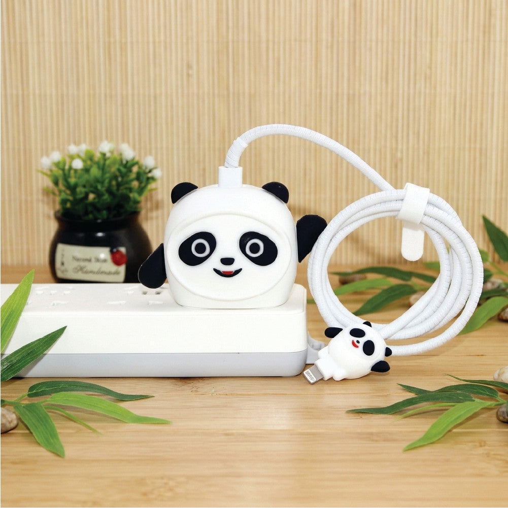 Panda silicone adapter cover and cable protector in use on a iPhone 18W/20W Adapter