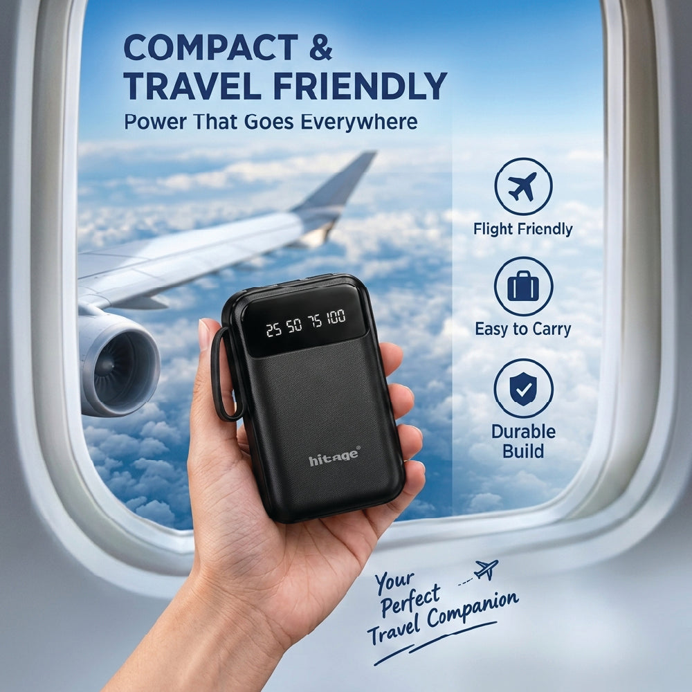 Compact travel power bank held in hand near airplane window