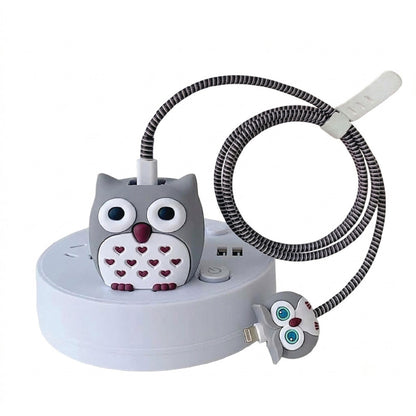 Owl silicone adapter cover and cable protector in use on a iPhone 18W/20W Adapter