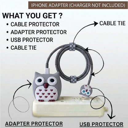 What you get – Owl adapter protector, USB protector, cable protector and cable tie