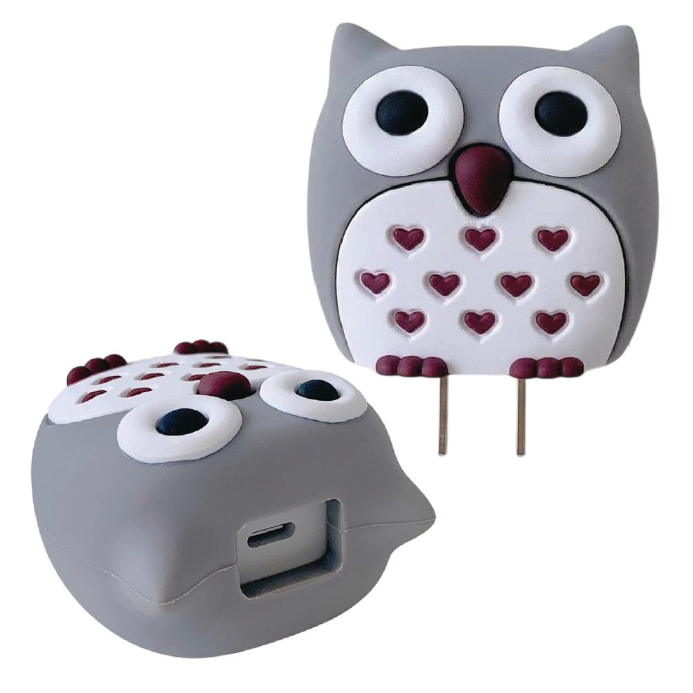 Close-up of the Owl 3D silicone charger cover for iPhone 18W/20W Adapter