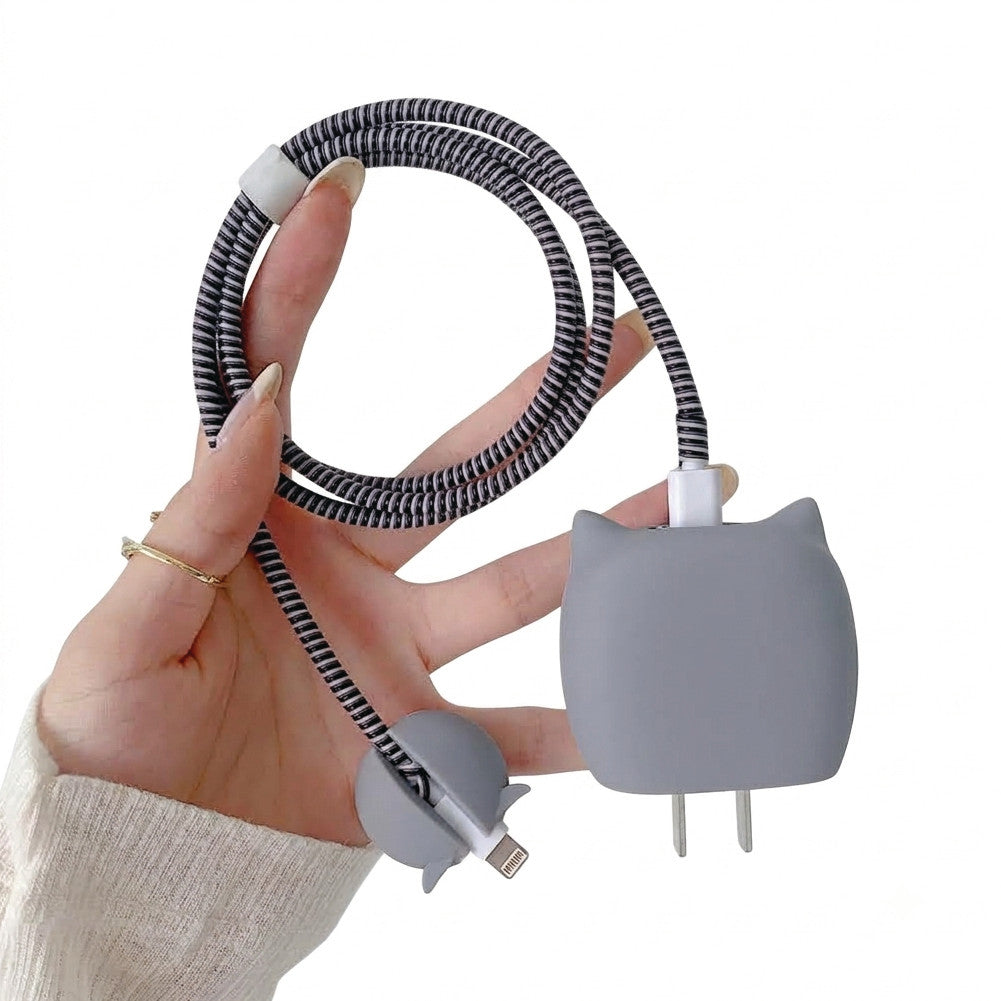 Owl charger protector set shown with the charging cable and cable tie