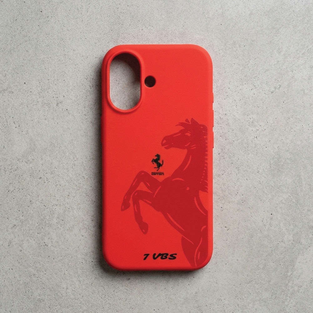 Back view of red Ferrari case for iPhone 17 – slim fit with precise camera cutout