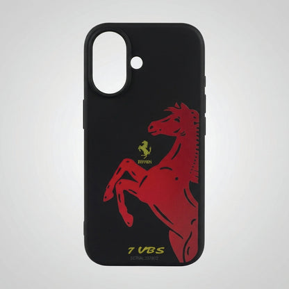 Back view of black Ferrari case for iPhone 17 – precise camera cutout and prancing horse print
