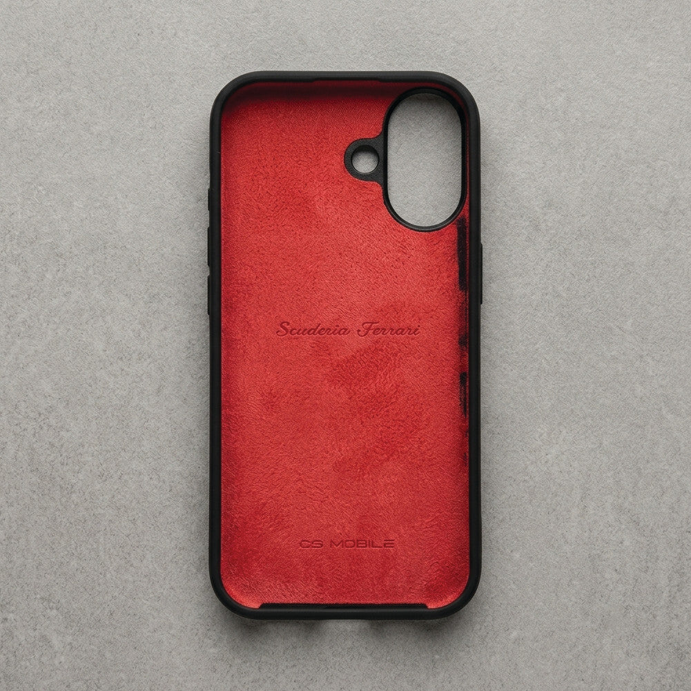 Inside of black Ferrari case for iPhone 17 – soft red microfiber lining protects the phone