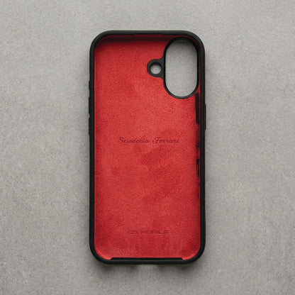 Inside of black Ferrari case for iPhone 17 – soft red microfiber lining protects the phone