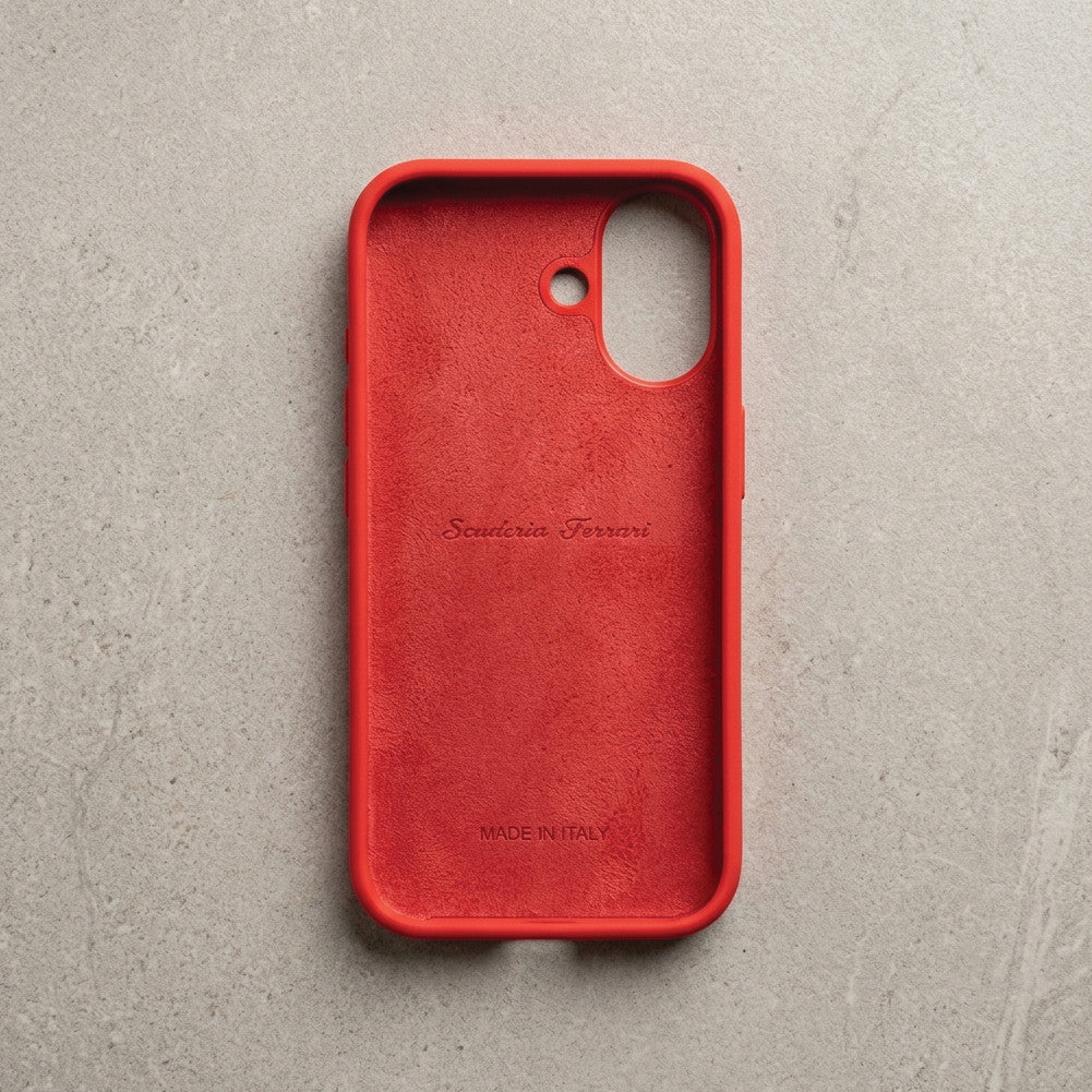 Inside of red Ferrari case for iPhone 17 – plush microfiber lining with Scuderia Ferrari script