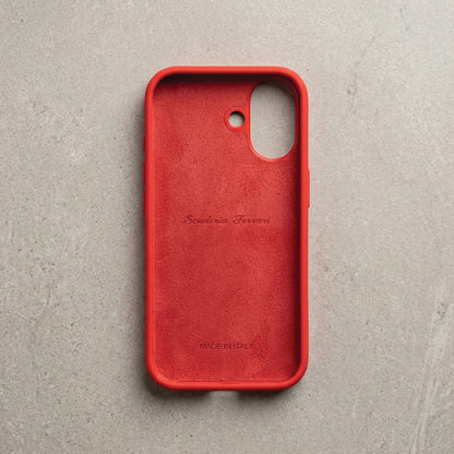 Inside of red Ferrari case for iPhone 17 – plush microfiber lining with Scuderia Ferrari script