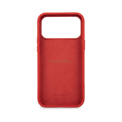 Inside of red Ferrari case for iPhone 17 Pro – plush microfiber lining with Scuderia Ferrari script
