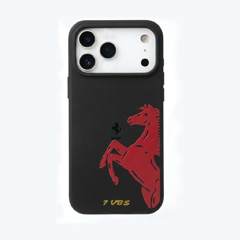 Black Ferrari liquid silicone case for iPhone 17 Pro Max – soft matte back cover with prancing horse design