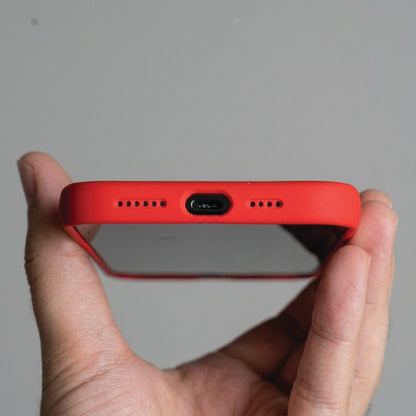 iPhone 17 Pro Max red Ferrari case bottom view – raised edge protects the screen, precise USB-C cutout
