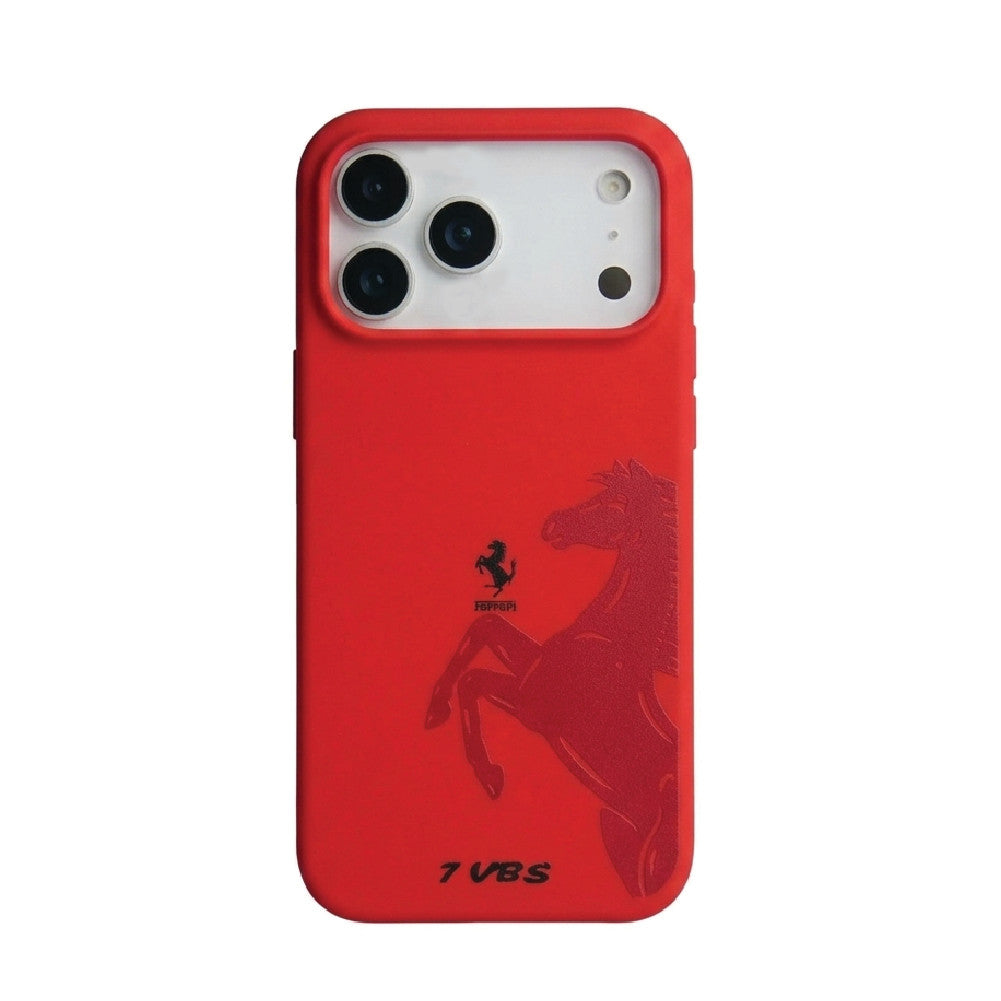 Red Ferrari liquid silicone case for iPhone 18 Pro – soft matte back cover with prancing horse design