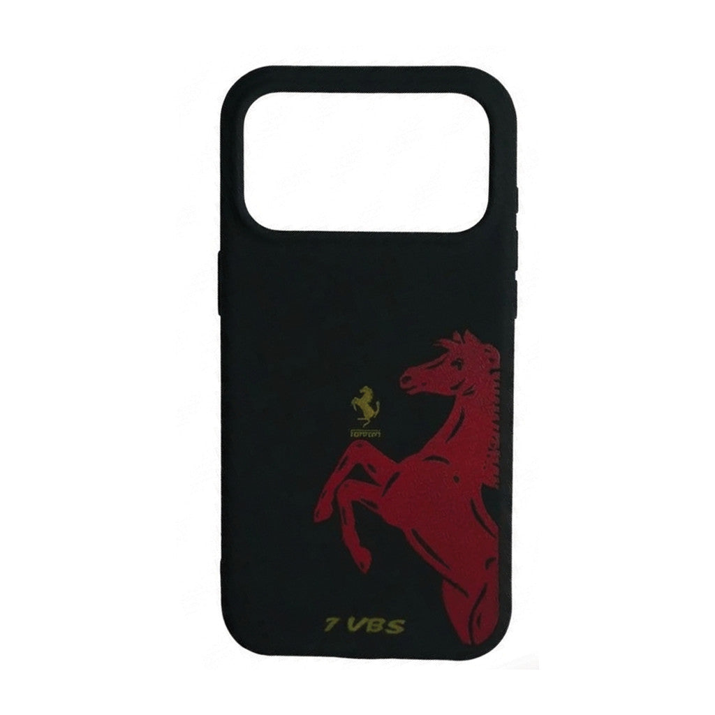 Back view of black Ferrari case for iPhone 18 Pro – precise camera cutout and prancing horse print