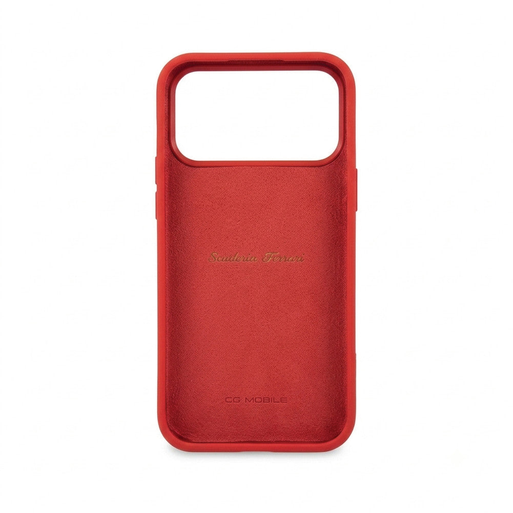 Inside of red Ferrari case for iPhone 18 Pro – plush microfiber lining with Scuderia Ferrari script