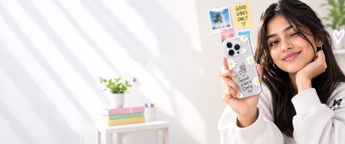A woman holding a clear phone case decorated with yellow daisy graphics and the text 'Good Vibes Only!' in a bright, sunlit room.