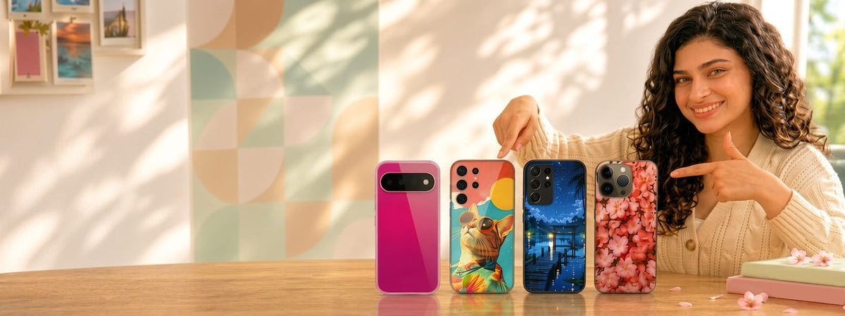 A woman outdoors at sunset holds up a smartphone with a colorful floral and butterfly patterned case. The background shows a softly blurred sunny street with trees and warm golden light.
