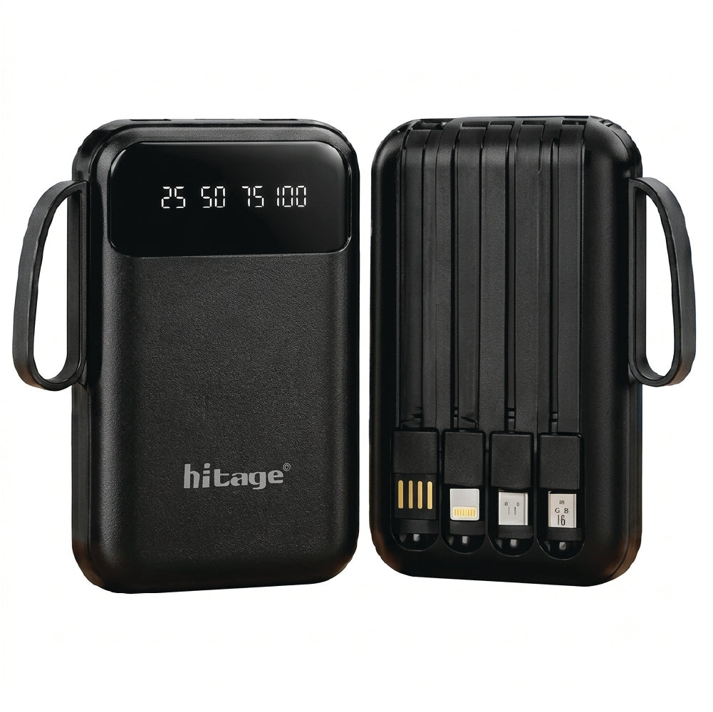 Hitage 10000mAh power bank front and back showing built-in cables