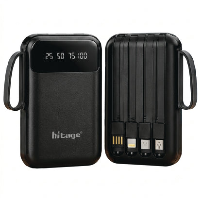 Hitage 10000mAh power bank front and back showing built-in cables