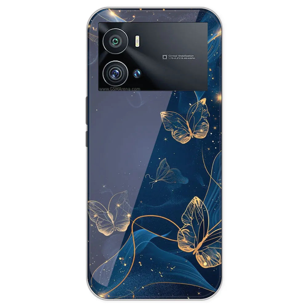 Blue With Gold Butterflies - Printed Silicone Case For IQOO 9 Pro
