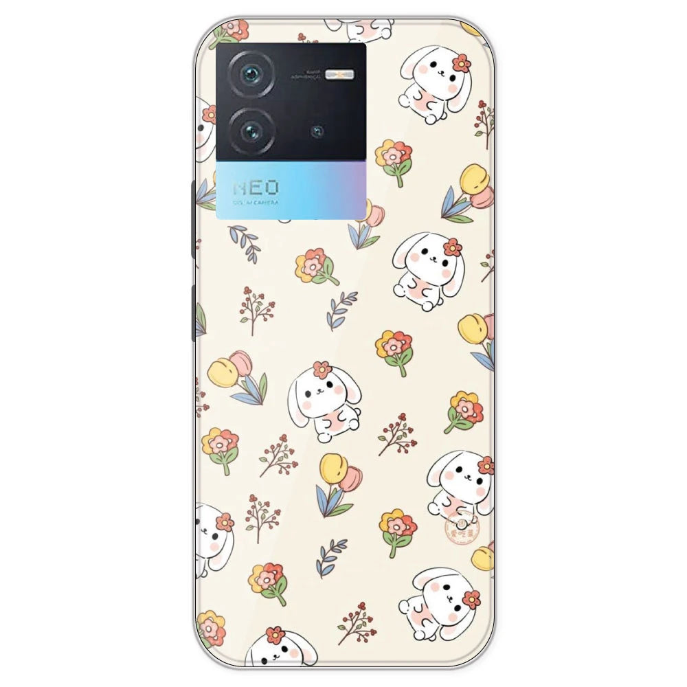 Cute Bunny And Flowers- Printed Silicone Case For IQOO Neo 6
