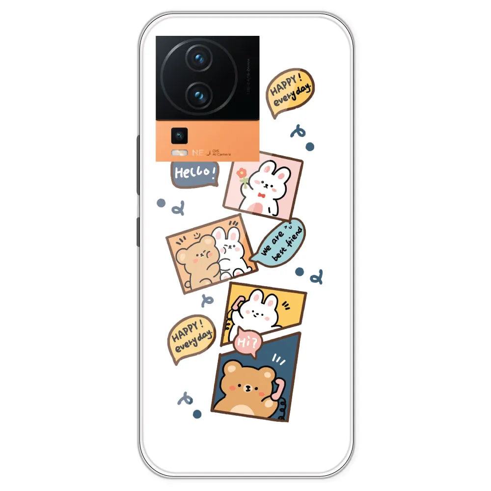 Happy Rabit And Bear - Clear Printed Silicone Case For IQOO Neo 7 Pro