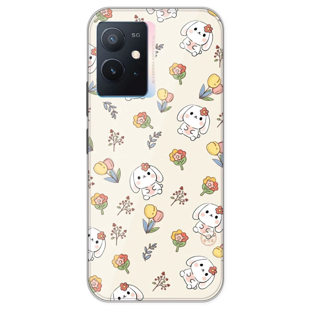 Cute Bunny And Flowers- Printed Silicone Case For IQOO Z6