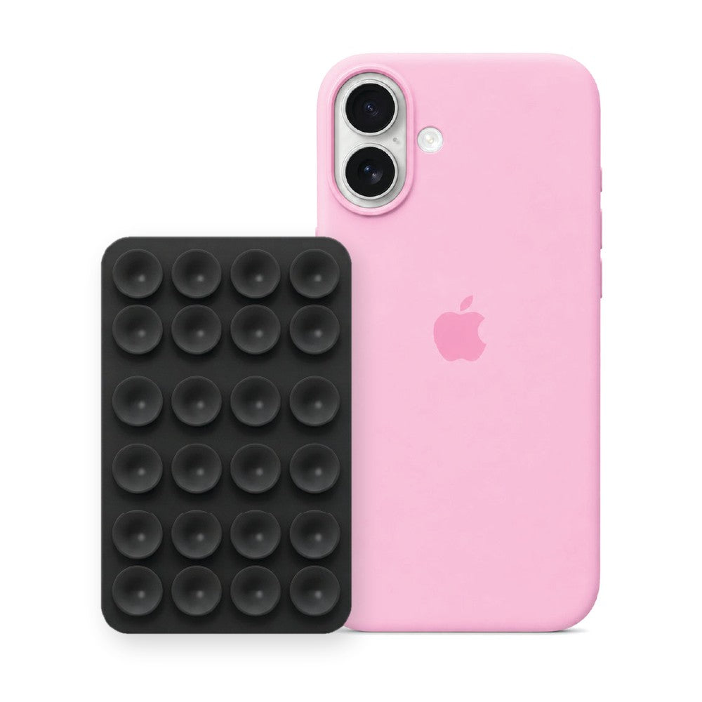 iPhone 16 Liquid Silicone case in Baby Pink with a Black suction phone holder