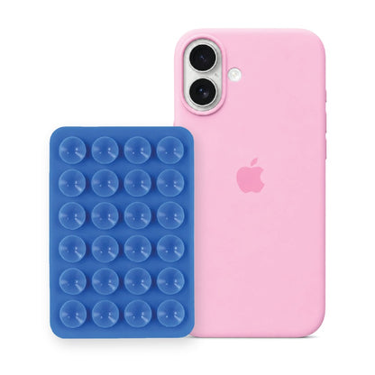 iPhone 16 Liquid Silicone case in Baby Pink with a Blue suction phone holder