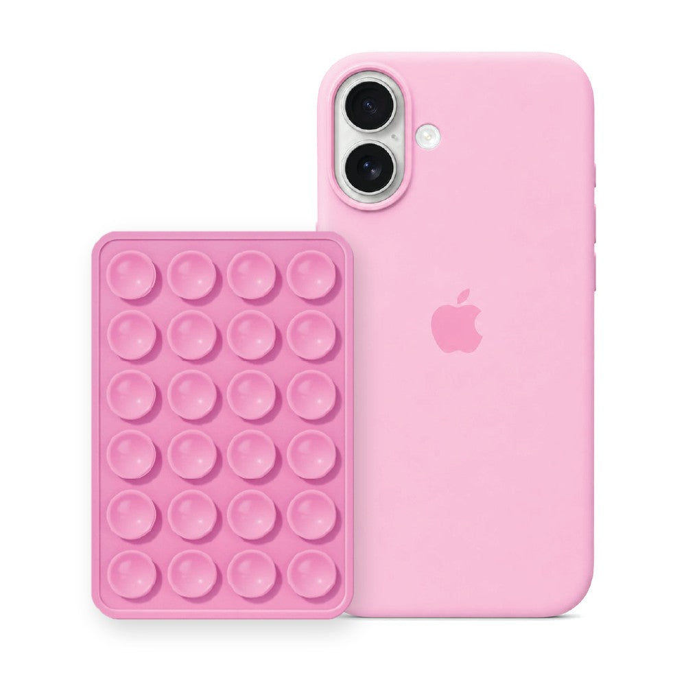 iPhone 16 Liquid Silicone case in Baby Pink with a Light Pink suction phone holder