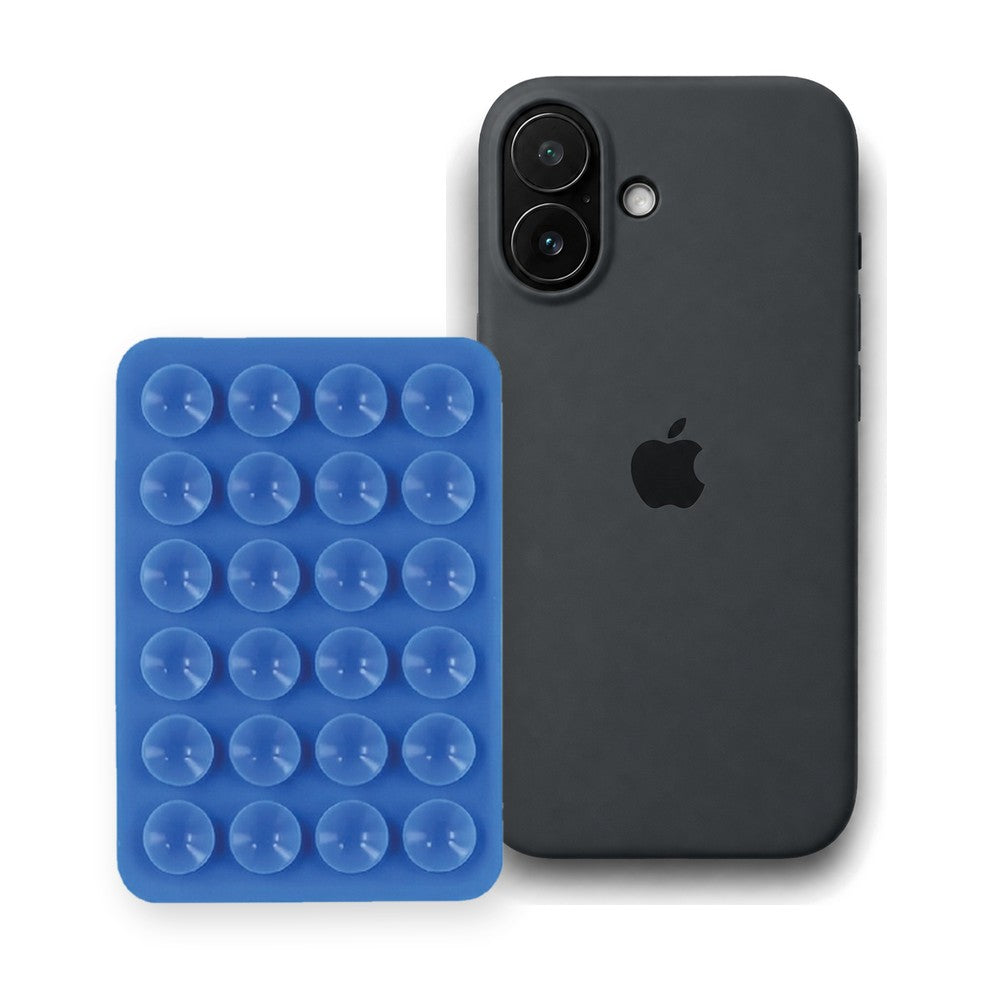 iPhone 16 Liquid Silicone case in Black with a Blue suction phone holder