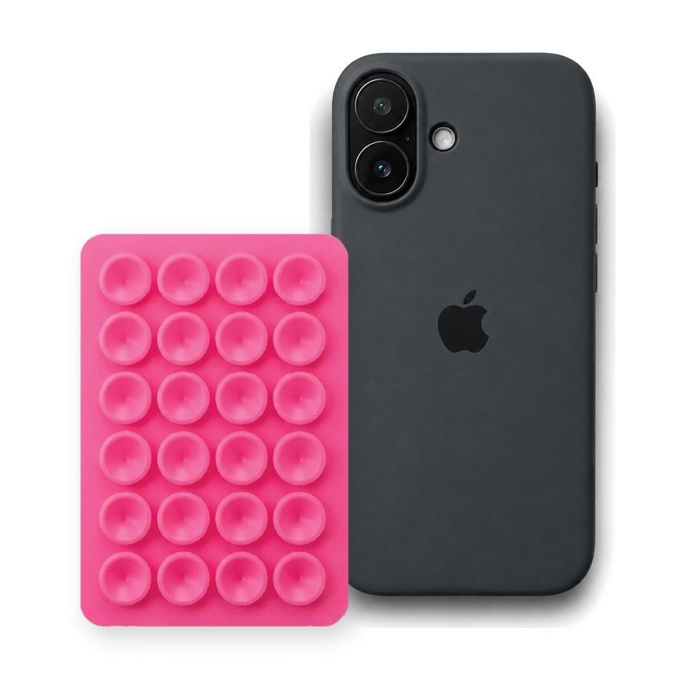 iPhone 16 Liquid Silicone case in Black with a Hot Pink suction phone holder