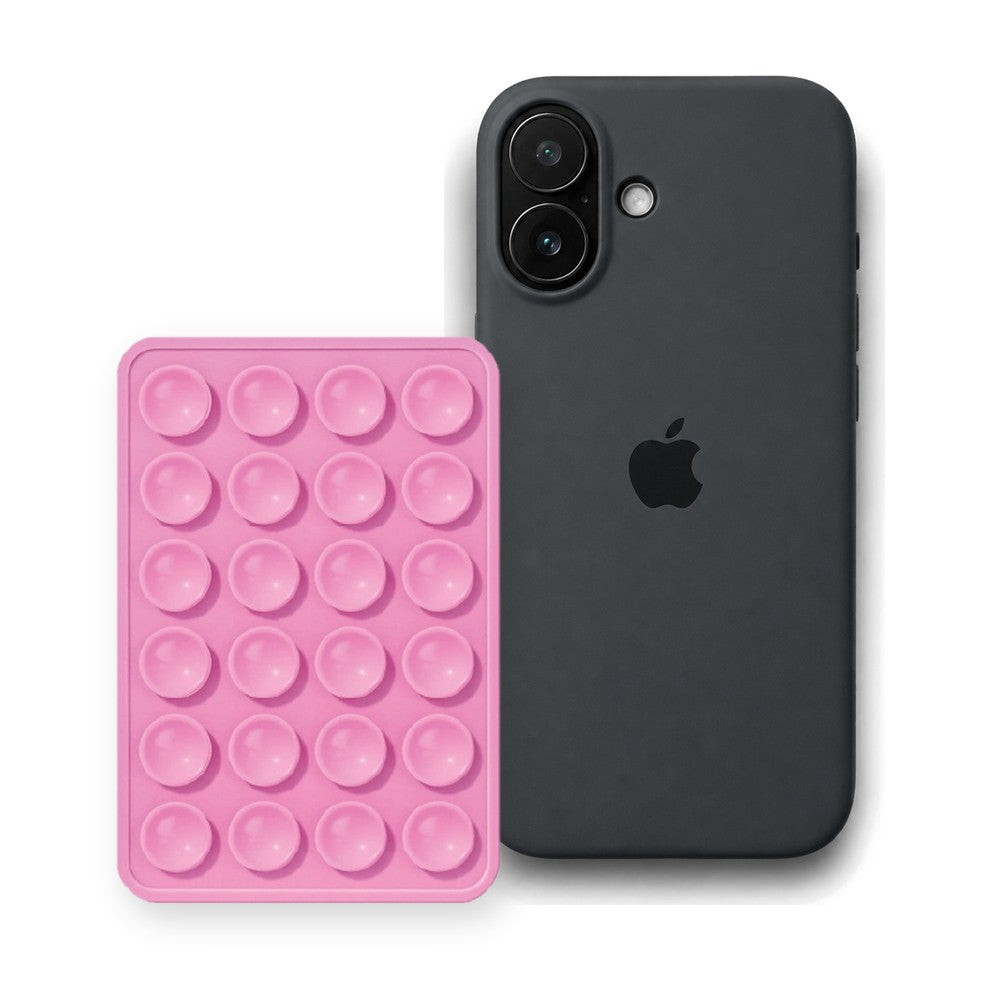 iPhone 16 Liquid Silicone case in Black with a Light Pink suction phone holder